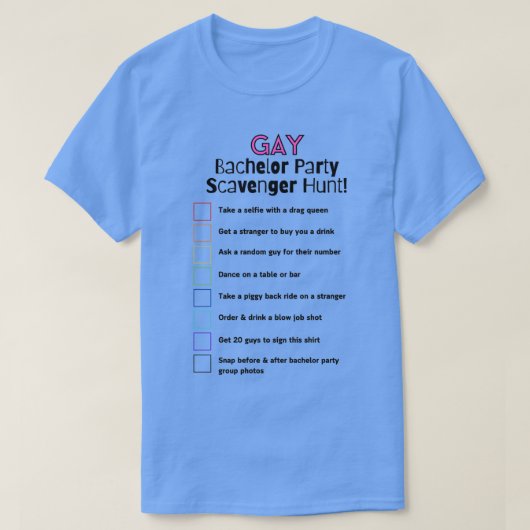 Gay Bachelor Party Scavenger Hunt T-shirt (Design voorkant)