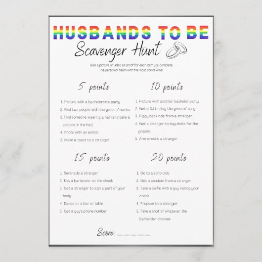 Gay Bachelor Party Spel, Scavenger Hunt Kaart (Voorkant)