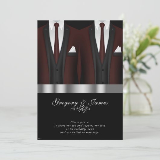 Gay bruiloft bordeaux Tuxedo zilver zwart Kaart (Staand voorkant)