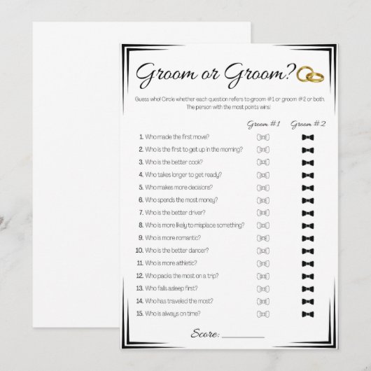 Gay bruiloft douche spel, bruidegom of bruidegom kaart (Voorkant / Achterkant)