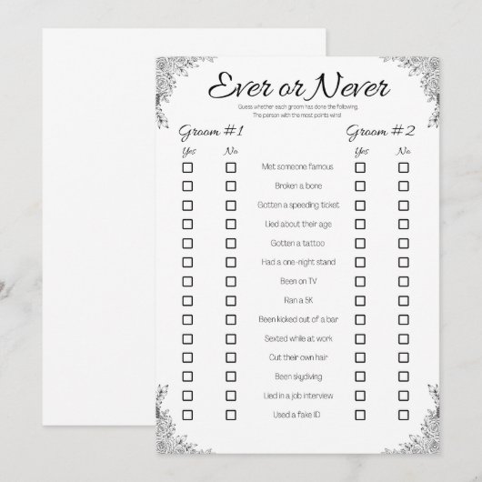 Gay bruiloft douche spel, ooit of nooit kaart (Voorkant / Achterkant)