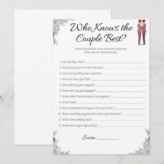 Gay bruiloft douche spel, wie weet is het paar? kaart (Voorkant / Achterkant)