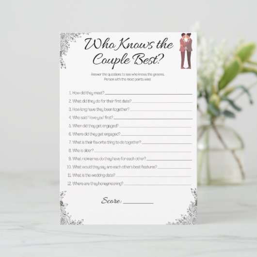 Gay bruiloft douche spel, wie weet is het paar? kaart (Staand voorkant)