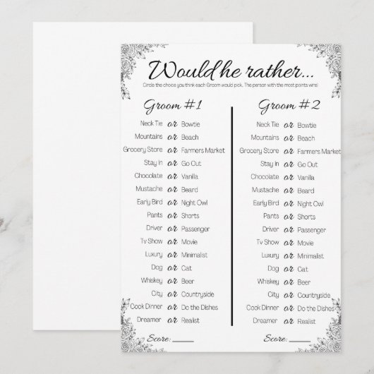 Gay bruiloft douche spel, zou hij liever kaart (Voorkant / Achterkant)