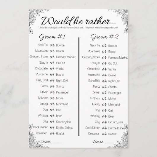 Gay bruiloft douche spel, zou hij liever kaart (Voorkant)