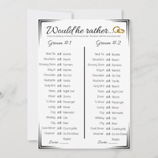 Gay bruiloft douche spel, zou hij liever kaart (Voorkant)