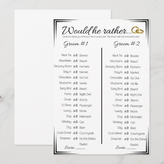Gay bruiloft douche spel, zou hij liever kaart (Voorkant / Achterkant)