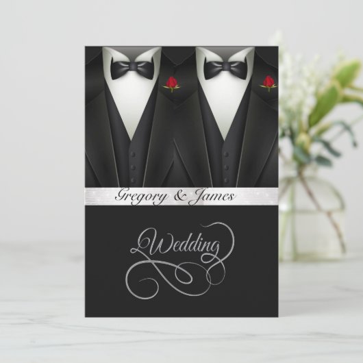 Gay bruiloft Tuxedos rode rozen gouden folie Kaart (Staand voorkant)