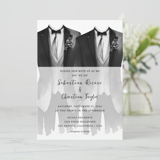 Gay bruiloft twee bruidegoms in pakken en Stropdas Kaart (Staand voorkant)