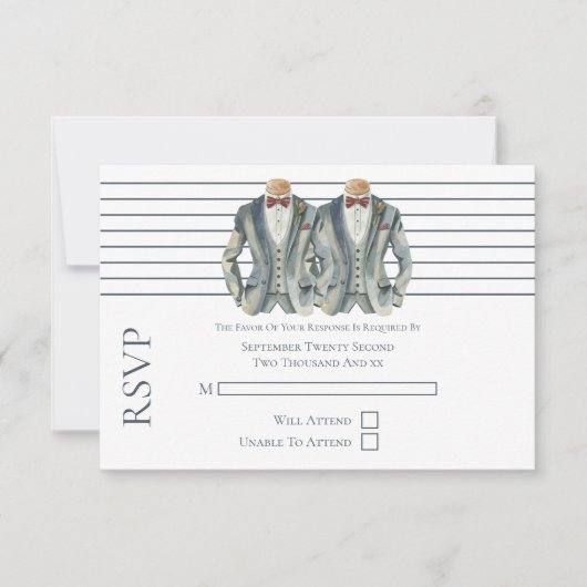 Gay Bruiloft Twee Grooms in Suits en Bow Stropdass RSVP Kaartje (Voorkant)