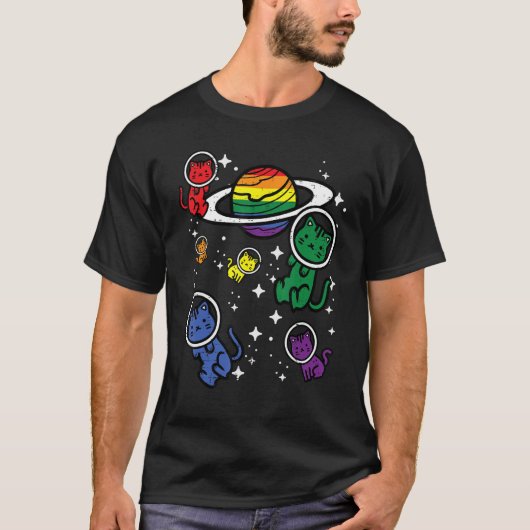 Gay Cats In Space Rainbow Pride Month Lgbtq Ally W T-shirt (Voorkant)