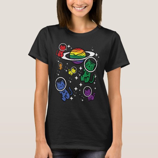 Gay Cats In Space Rainbow Pride Month Lgbtq Ally W T-shirt (Voorkant)