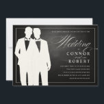 Gay Chalkboard Wedding Two Grooms Silhouettes Kaart<br><div class="desc">Voor het eloquente homostel: twee coole groomen in zwart-witte silhouettes gekoppeld aan elegant script op deze uitnodiging voor een bruiloft op het bord. Nu met een scharnierscheerapparaat en 2 boogbogen stropdassen. (al deze punten zijn schaalbaar en verplaatsbaar). Neem contact met mij op met vragen of speciale verzoeken.</div>
