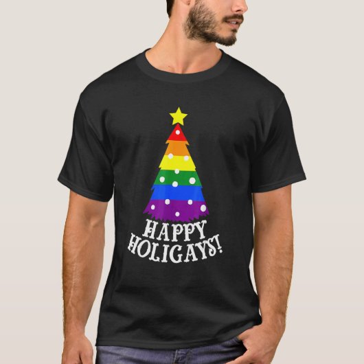 Gay Christmas Tree Happy Holigays  Rainbow Pride T-shirt (Voorkant)