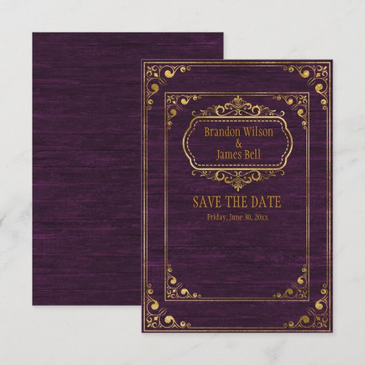 Gay Couple Brown Barnwood and Gold Lijsten Wedding Save The Date (Voorkant / Achterkant)