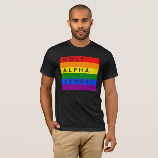 GAY Golf Alpha Yankee fonetisch alfabet T-shirt (Voorkant volledig)