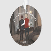 Gay Kaukasian stel cozy lounge sneeuw | FOTO Ornament (voorkant)