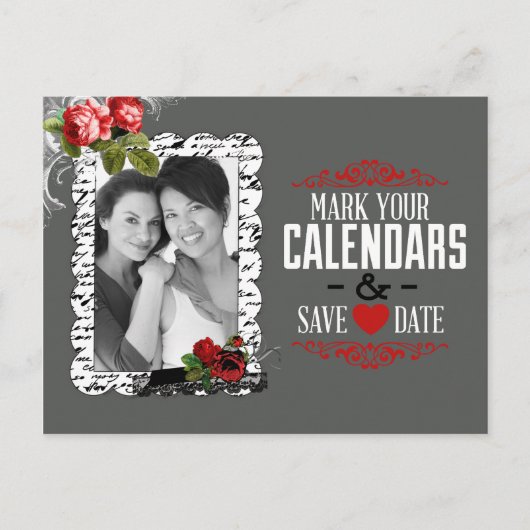 Gay Lesbian Chalkboard en Rozen Save the Date Aankondigingskaart (Voorkant)