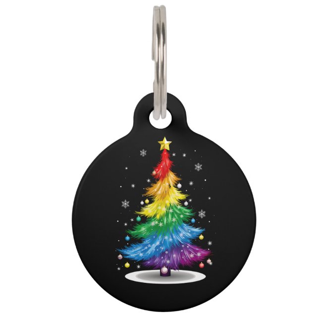 Gay LGBT Pride Rainbow Kerstboom Vrolijk Kerstfees Huisdierpenning (Voorkant)