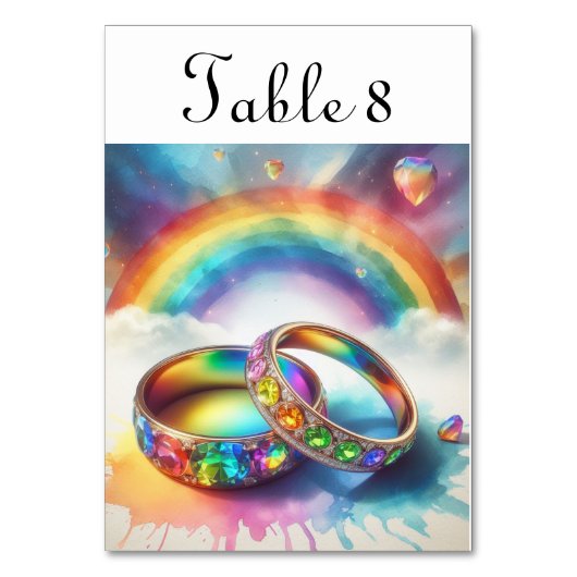 Gay LGBTQ Bruiloft Regenboog Ringen Tafelnummers (Voorkant)
