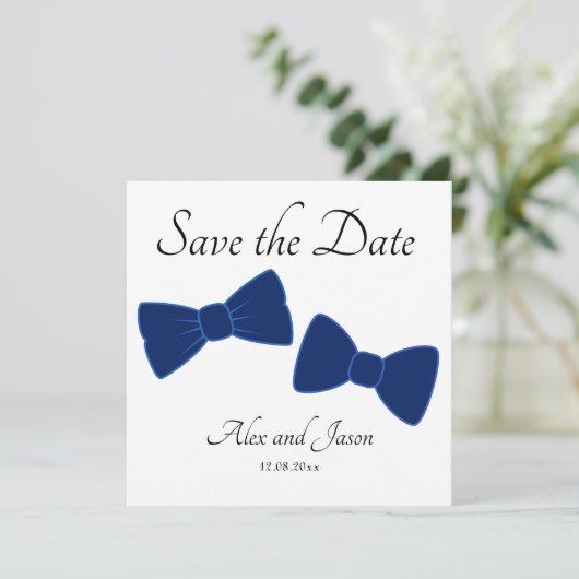 Gay Mannen Bow Stropdas Blauw Wit Save the Date Br (Staand voorkant)