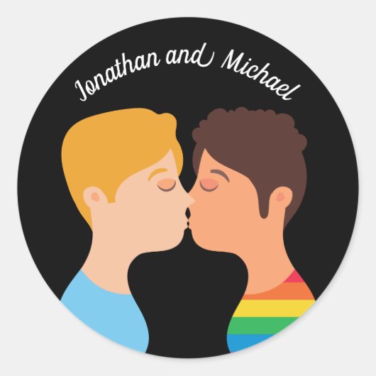Gay Mannen Couple Kiss Custom LGBTQ Pride Monogram Ronde Sticker (Voorkant)