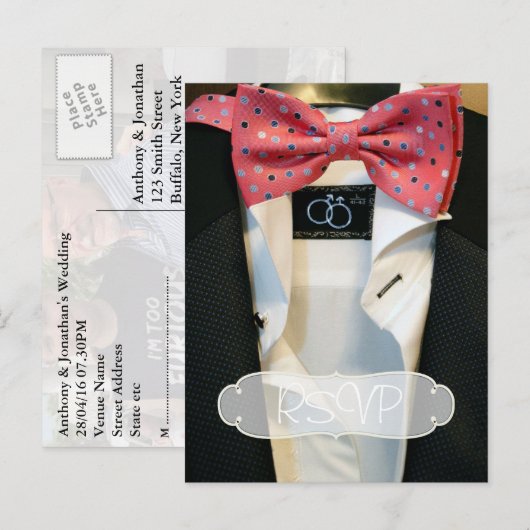 Gay Mannen Wedding Invitation RSVP met foto Uitnodiging Briefkaart (Voorkant / Achterkant)