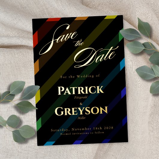 Gay Men Wedding Elegant Rainbow Gold Save-the-Date Folie Uitnodiging