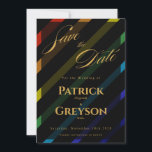 Gay Men Wedding Elegant Rainbow Save The Date<br><div class="desc">Announce your wedding day in style with this gay men wedding save the date card — bold diagonal Progress Pride stripes on sophisticated black with "Save the Date" in flowing gold script, the grooms' full names, wedding date, and "Formal invitations to follow" in gold typography. The first piece your guests...</div>