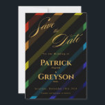 Gay Men Wedding Elegant Rainbow Save The Date<br><div class="desc">Announce your wedding day in style with this gay men wedding save the date card — bold diagonal Progress Pride stripes on sophisticated black with "Save the Date" in flowing gold script, the grooms' full names, wedding date, and "Formal invitations to follow" in gold typography. The first piece your guests...</div>