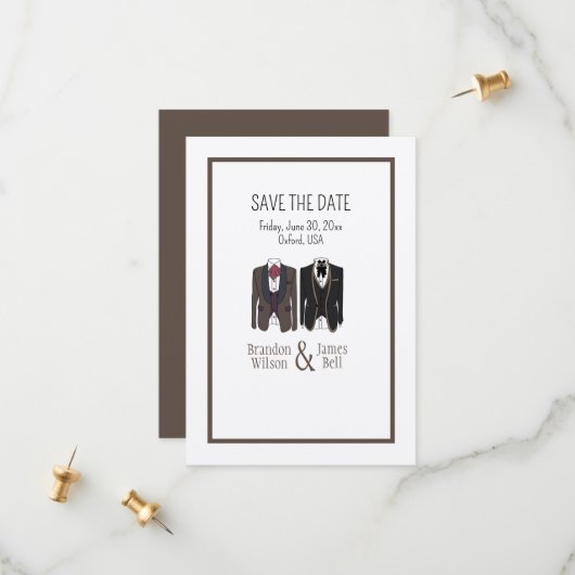 Gay paar Tuxedos Bruiloft Save the Date (Voorkant / Achterkant in situ)