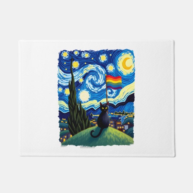 Gay Pride Cat Art Cat Starry Night Style LGBTQ Pri Deurmat (Voorkant)