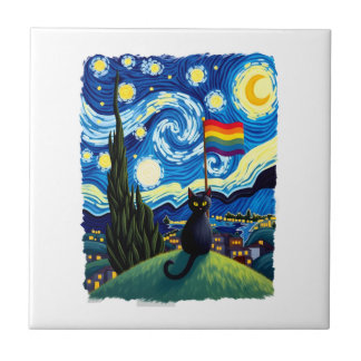 Gay Pride Cat Art Cat Starry Night Style LGBTQ Pri Tegeltje