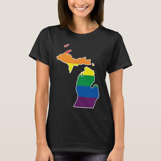 Gay Pride Flag Michigan State Map Rainbow Stripe T-shirt (Voorkant)