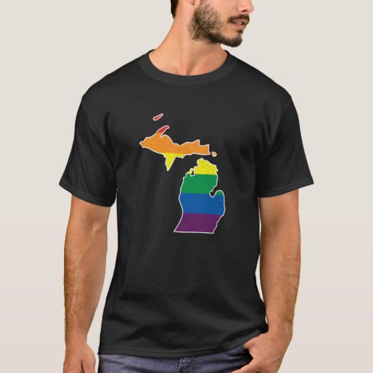 Gay Pride Flag Michigan State Map Rainbow Stripes T-shirt (Voorkant)
