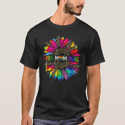 Gay Pride Free Mam Hugs Sunflower Leopard Rainbow T-shirt (Voorkant)
