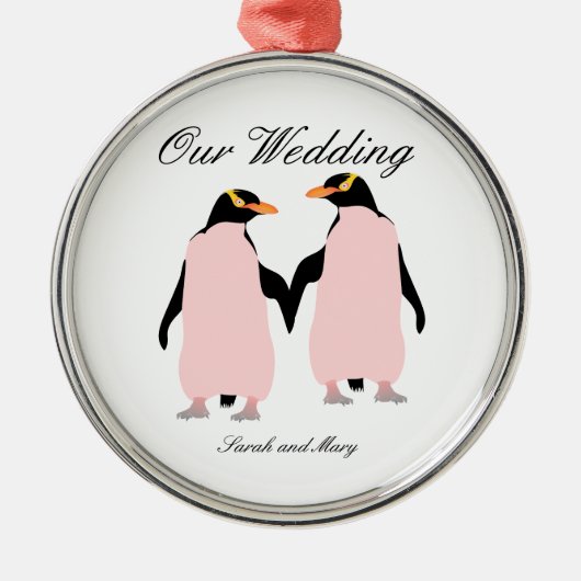 Gay Pride Lesbian Penguins Holding Hands Metalen Ornament (Voorkant)