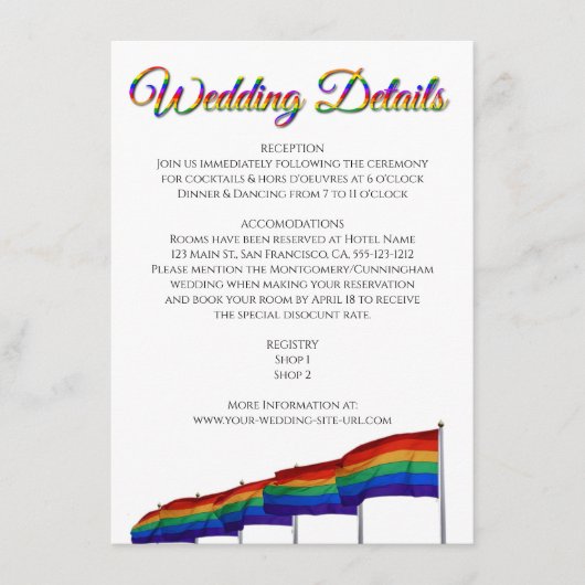 Gay Pride LGBTQ Rainbow Flags Wedding Details Informatiekaartje (Voorkant)