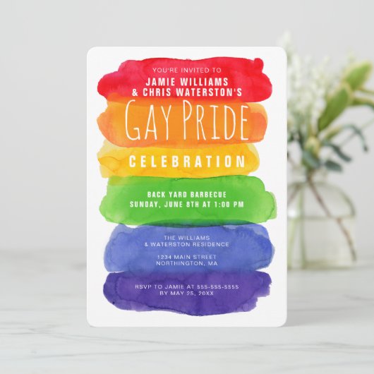 Gay Pride Waterverf Rainbow Digital Invitation Kaart (Staand voorkant)