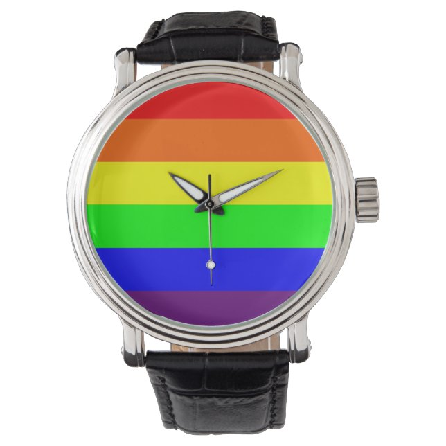 Gay Pride zwart  lederen horloge (Voorkant)