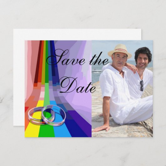 Gay regenboog en trouwringen redden de datum aankondigingskaart (Voorkant / Achterkant)