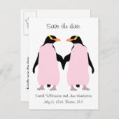 Gay Save the date, roze pinguïns Aankondigingskaart (Voorkant / Achterkant)