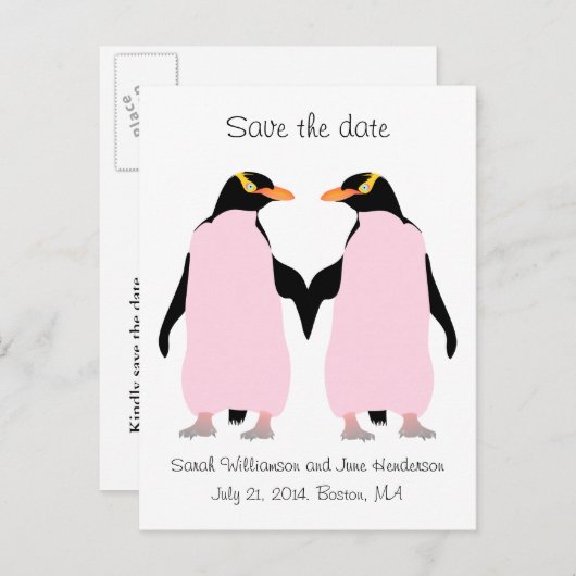 Gay Save the date, roze pinguïns Aankondigingskaart (Voorkant / Achterkant)