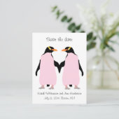 Gay Save the date, roze pinguïns Aankondigingskaart (Staand voorkant)