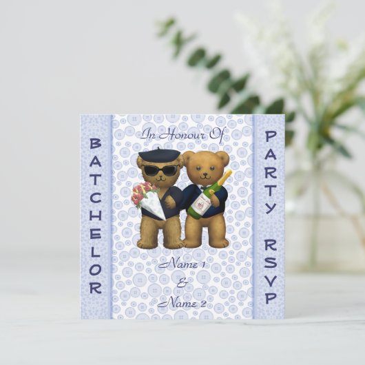 Gay vrijgezellenfeest - Blauwe teddyberen uitnodig Kaart (Staand voorkant)