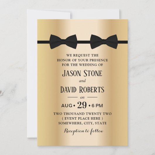 Gay Wedding Double Bow Stropdassen Modern Gold Kaart (Voorkant)