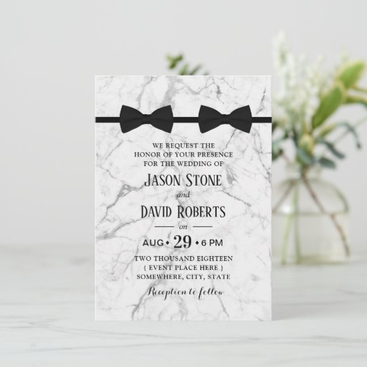 Gay Wedding Double Bow Stropdassen Modern Marble Kaart (Staand voorkant)