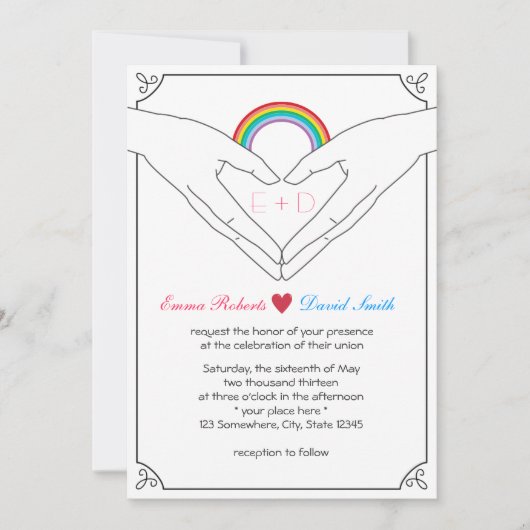 Gay Wedding Elegant Hand Heart & Rainbow Kaart (Voorkant)