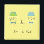 Gay Wedding Favor Magneet<br><div class="desc">Eenvoudig,  modern,  kleurrijk pastel,  uniek homohuwelijk gunt magneet,  met namen en petten van de cartoon en boegstropdassen.</div>