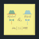 Gay Wedding Favor Magneet<br><div class="desc">Eenvoudig,  modern,  kleurrijk pastel,  uniek homohuwelijk gunt magneet,  met namen en petten van de cartoon en boegstropdassen.</div>